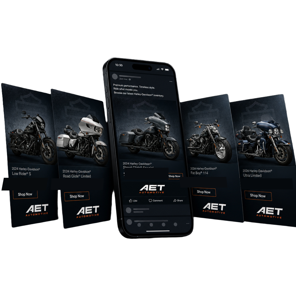 Harley-Davidson inventory ads running across Facebook, Instagram, Snapchat, and TikTok