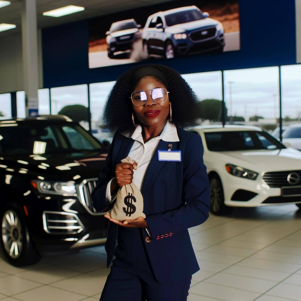 a manager at a car dealership receiving a bag of money