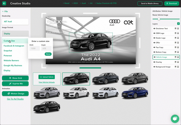 Custom sizing for website banners, ads, email templates, and sliders for car dealerships
