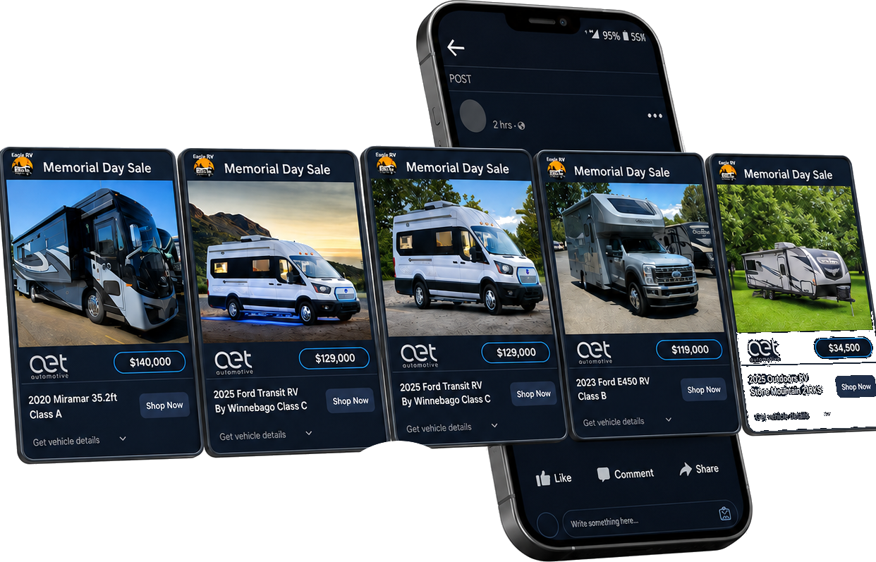 RV inventory ads running across Facebook, Instagram, Snapchat, and TikTok