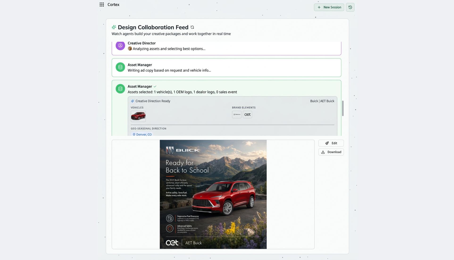 Cortex AI design collaboration feed building a Buick creative