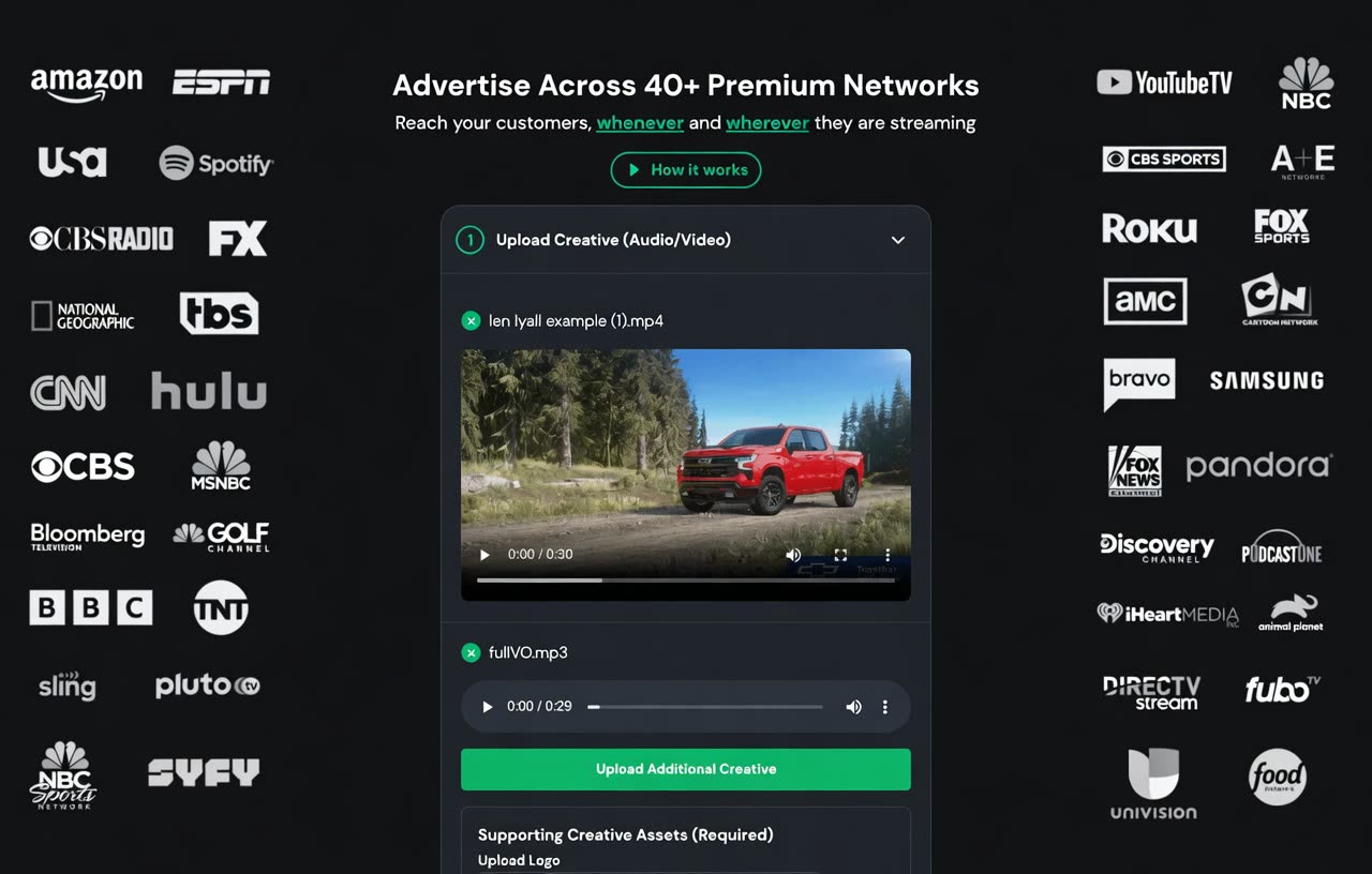 Streaming Studio interface: advertise across 40+ premium networks with creative upload for video and audio spots